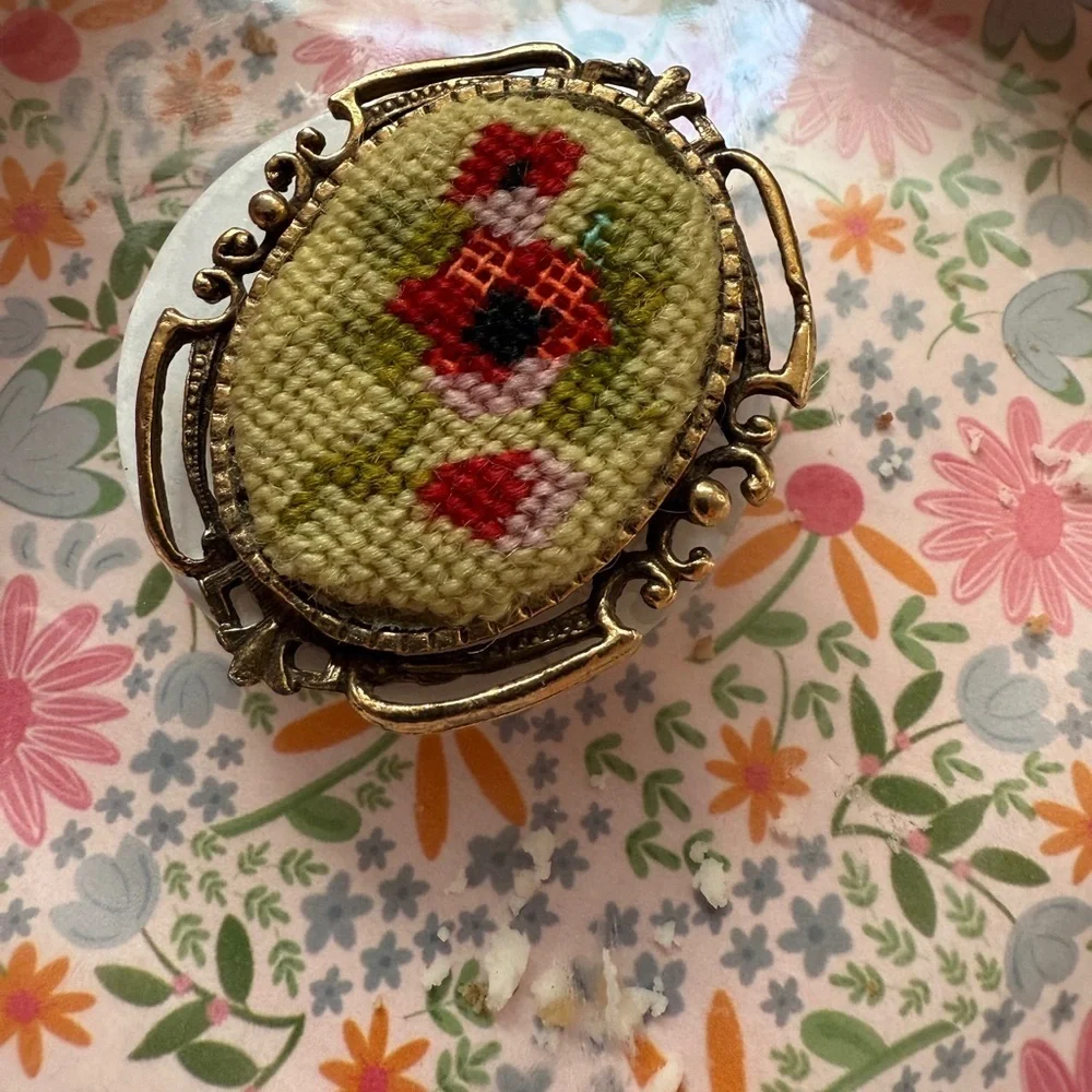 Vintage 1970’s Floral Needlepoint Brooch or Pendant with Gold Frame